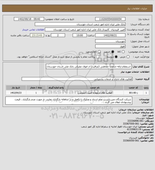 استعلام استعلام ارائه خدمات حفاظتی (مراقبت) از اموال تملیکی بانک ملی استان خوزستان