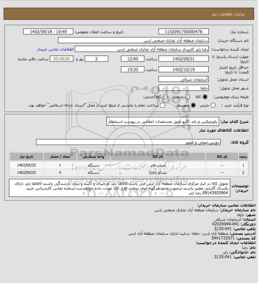 استعلام پاورمیکس و باند اکتیو طبق مشخصات اعلامی در پیوست استعلام