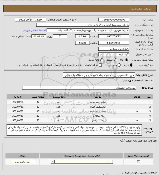 استعلام خرید ترانسمیتر جریان حلقوی و رله کنترول فاز و رله اضافه بار حرارتی