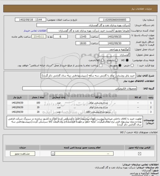 استعلام خرید پانل روشنایی توکار با گارنتی سه ساله (درپیشنهادفنی سه سال گارانتی ذکر گردد)