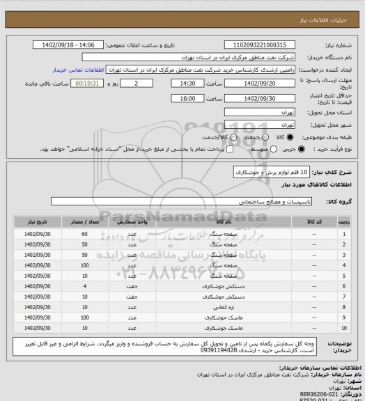 استعلام 10 قلم لوازم برش و جوشکاری