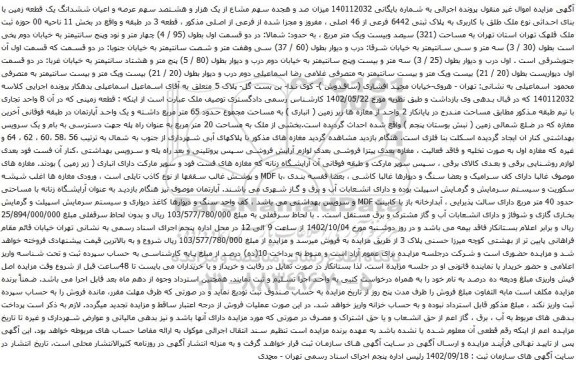 مزایده ششدانگ یک قطعه زمین با بنای احداثی نوع ملک طلق با کاربری به پلاک ثبتی 6442 فرعی 