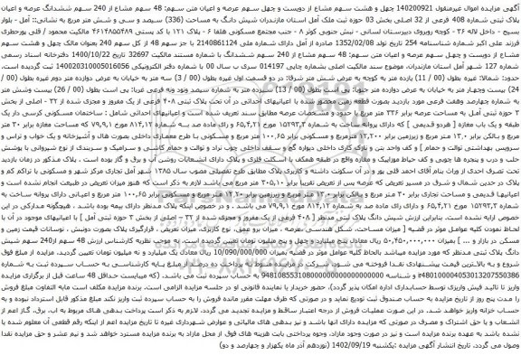 مزایده ششدانگ عرصه و اعیان پلاک ثبتی شماره 408 فرعی از 32 اصلی بخش 03