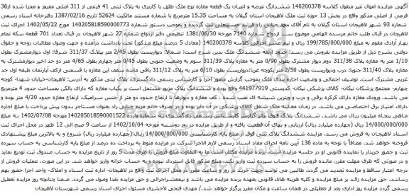مزایده ششدانگ عرصه و اعیان یک قطعه مغازه نوع ملک طلق با کاربری به پلاک ثبتی 41 فرعی 