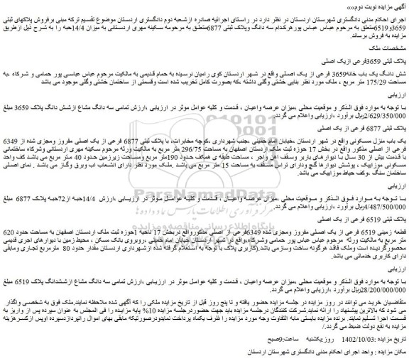 مزایده فروش شش دانگ یک باب خانه3659 فرعی از یک اصلی