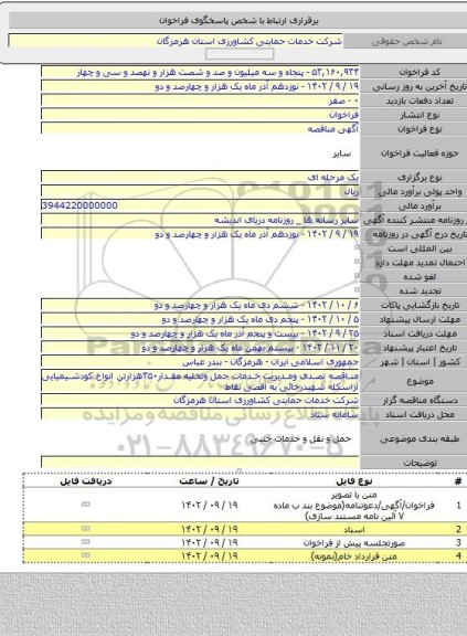 مناقصه, مناقصه تصدی ومدیریت خدمات حمل وتخلیه مقدار۳۵۰هزارتن انواع کودشیمیایی ازاسکله شهیدرجائی به اقصی نقاط