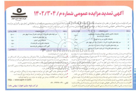 تمدید مزایده فروش ضایعات حاصل از تولید کارخانه ها...