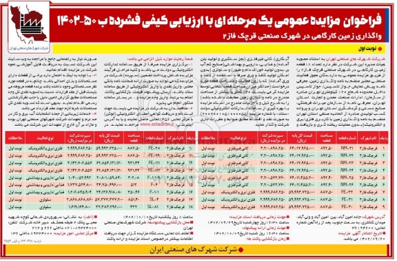 مزایده تعداد 18 قطعه زمین کارگاهی در شهرک صنعتی ...