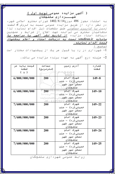 مزایده به فروش 6 قطعه زمین با کاربری مسکونی