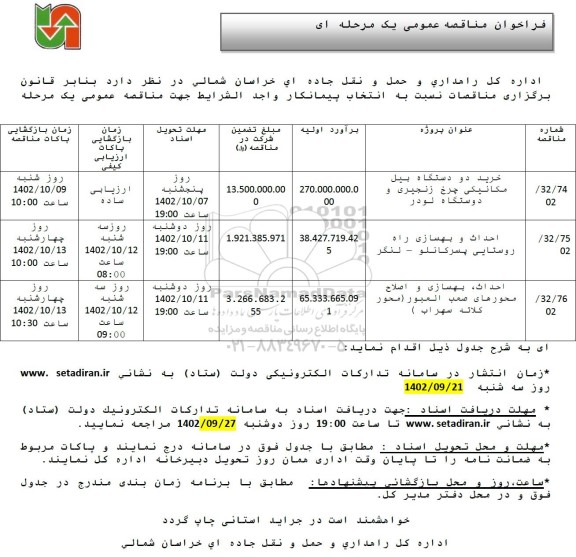 مناقصه خرید دو دستگاه بیل مکانیکی چرخ زنجیری و دوستگاه لودر و ...