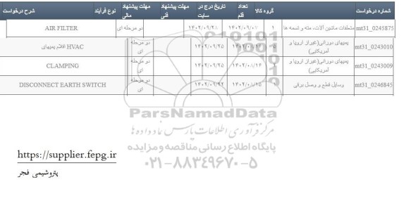 استعلام اقلام پمپهای HVAC....