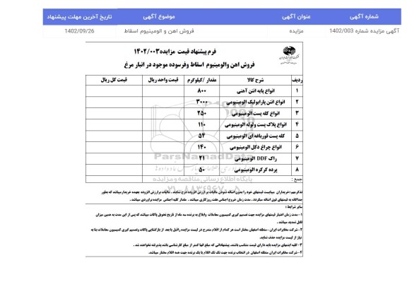 مزایده فروش آهن و آلومینیوم اسقاط و فرسوده