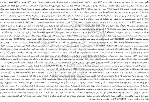 مزایده شش دانگ یک قطعه آپارتمان مسکونی نوع ملک طلق با کاربری به پلاک ثبتی 1235 فرعی از 4405