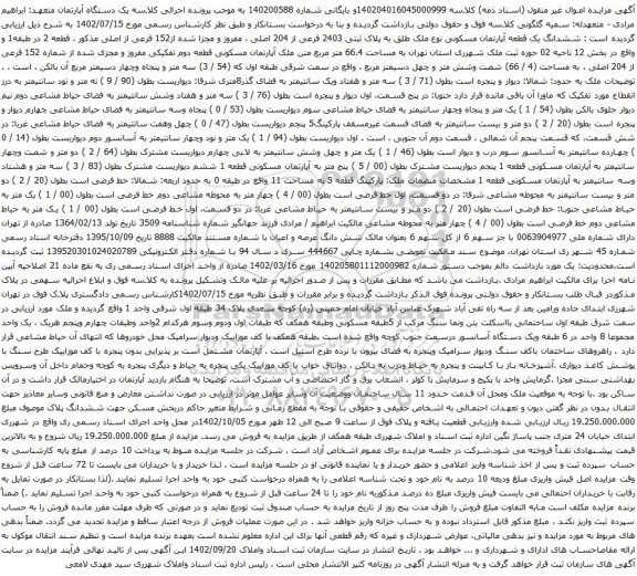 مزایده ششدانگ یک قطعه آپارتمان مسکونی نوع ملک طلق به پلاک ثبتی 2403 