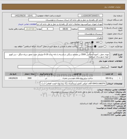 استعلام تهیه, حمل , آخوره و میکس 3500 تن مصالح سنگی شکسته با دانه بندی 19-0 میلیمتر جهت محور سیاه جنگل - سر کهنو حوزه شهرستان میرجاوه