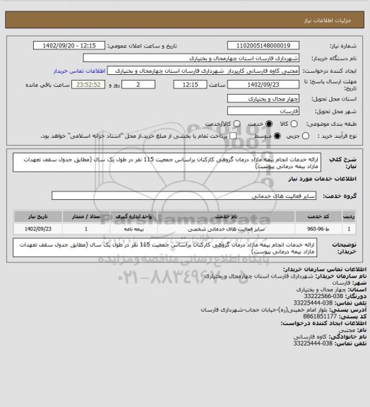 استعلام ارائه خدمات انجام بیمه مازاد درمان گروهی کارکنان براساس جمعیت 115 نفر در طول یک سال (مطابق جدول سقف تعهدات مازاد بیمه درمانی پیوست)