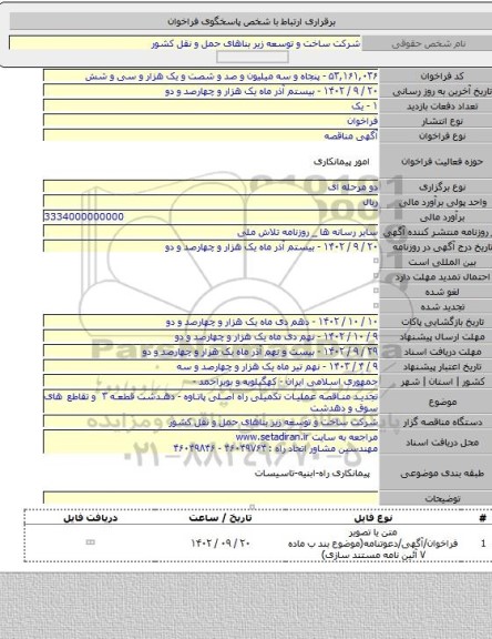 مناقصه, تجدید مناقصه عملیات تکمیلی راه اصلی پاتاوه - دهدشت قطعه ۳ و  تقاطع های سوق و دهدشت