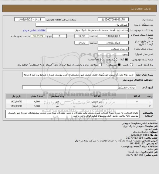 استعلام خرید انواع کابل آلومینیوم خودنگهدار فشار ضعیف طبق مشخصات فنی پیوست شده و شرایط پرداخت 3 ماهه