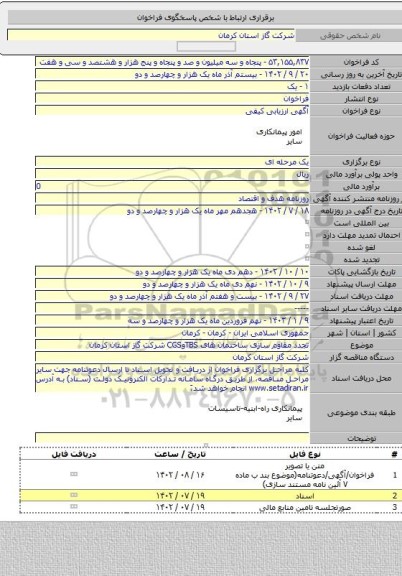 مناقصه, تجدد مقاوم سازی ساختمان های TBSوCGS شرکت گاز استان کرمان