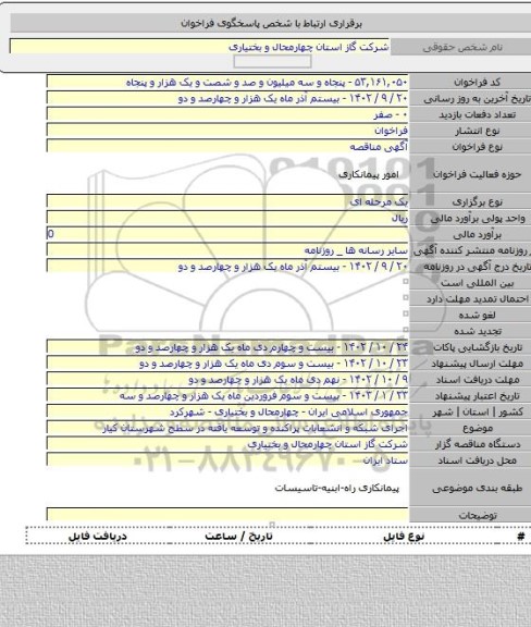 مناقصه, اجرای شبکه و انشعابات پراکنده و توسعه یافته در سطح شهرستان کیار