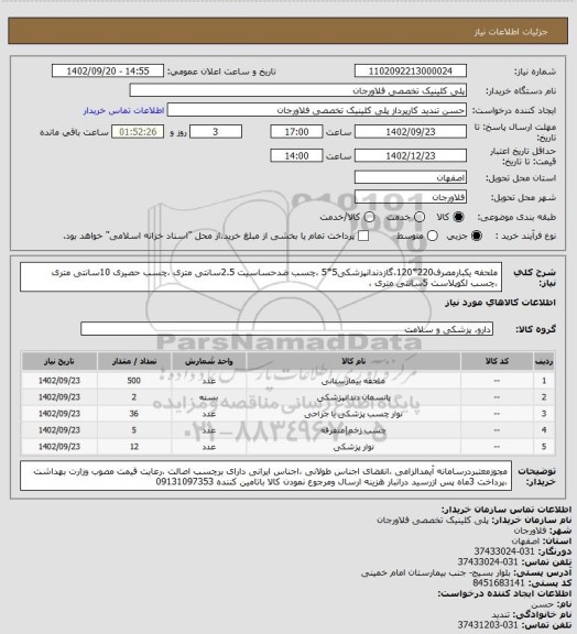 استعلام ملحفه یکبارمصرف220*120،گازدندانپزشکی5*5 ،چسب ضدحساسیت 2.5سانتی متری ،چسب حصیری 10سانتی متری ،چسب لکوپلاست 5سانتی متری ،