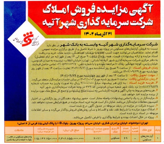 مزایده فروش 69 آپارتمان مسکونی
