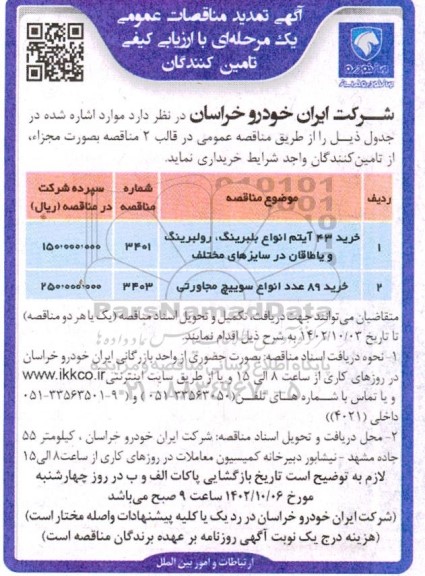 تمدید مناقصه خرید 43 آیتم انواع بلبرینگ، رولبرینگ و یاطاقان در سایزهای مختلف و ...