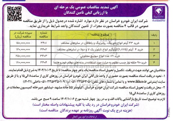 تمدید مناقصه خرید 43 آیتم انواع بلبرینگ، ...