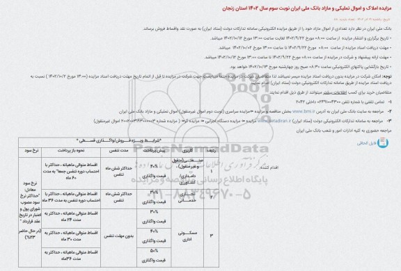 آگهی مزایده املاک و اموال تملیکی و مازاد بانک ملی ایران