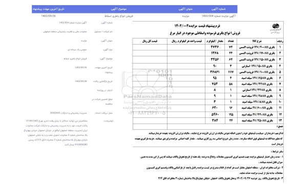 مزایده فروش انواع باطری اسقاط