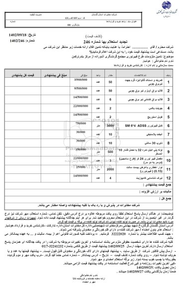 استعلام تامین ملزومات طرح فیبر نوری مجتمع گردشگری آشوراده