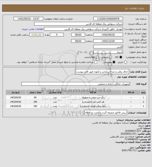 استعلام اجاق برقی و چراغ پیشانی و آیفون طبق فایل پیوست