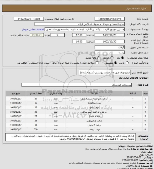 استعلام انواع نهال طبق مشخصات پیوستی (تسویه یکماه)