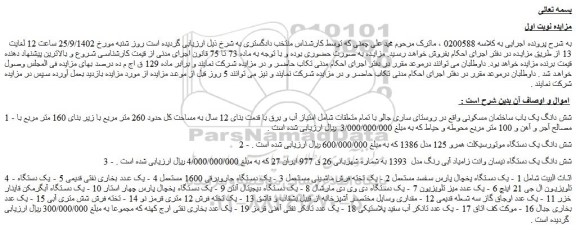 مزایده فروش شش دانگ یک باب ساختمان مسکونی و...