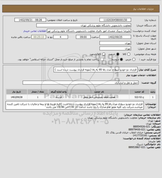 استعلام قرارداد دو خودرو سواری مدل بالا 95 به بالا (نمونه قرارداد پیوست شده است )