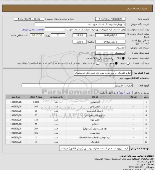 استعلام لوازم الکتریکی برآورد شده مورد نیاز شهرداری اندیمشک