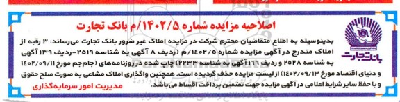 اصلاحیه مزایده املاک غیر ضرور بانک