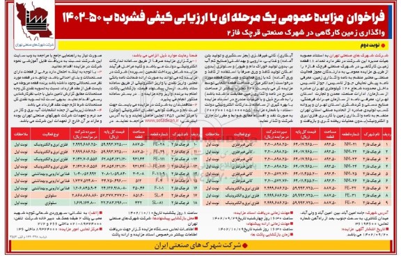 مزایده تعداد 18 قطعه زمین کارگاهی در شهرک صنعتی ... ـ نوبت دوم