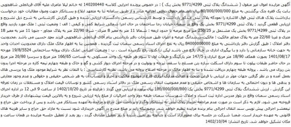 آگهی مزایده پلاک ثبتی 9771/4299 بخش یک