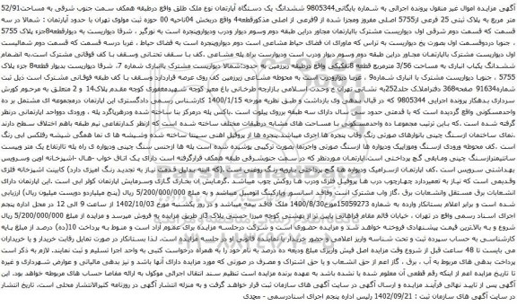 آگهی مزایده ششدانگ یک دستگاه آپارتمان نوع ملک طلق واقع درطبقه همکف سمت جنوب شرقی به مساحت52/91 متر مربع به پلاک ثبتی 25 فرعی از5755 اصلی