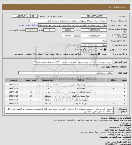استعلام تامین تجهیزات سیگنال رسانی فیبر نوری طبق لیست پیوست
**اسناد خزانه سری پنجم**