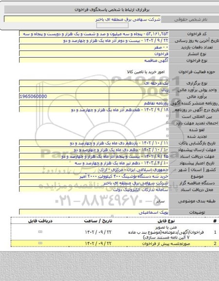 مناقصه, خرید سه دستگاه بوشینگ ۴۰۰ کیلوولت ۲۰۰۰ آمپر