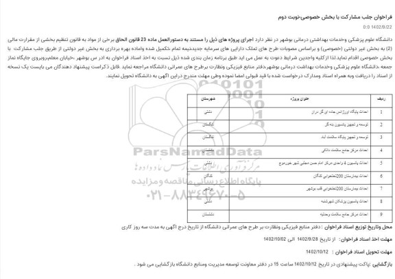 فراخوان جلب مشارکت با بخش خصوصی احداث پایگاه اورژانس جاده ای گز دراز .....