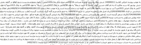 آگهی مزایده شش دانگ یک باب خانه به مساحت 203/16متر مربع دارای پلاک1425اصلی
