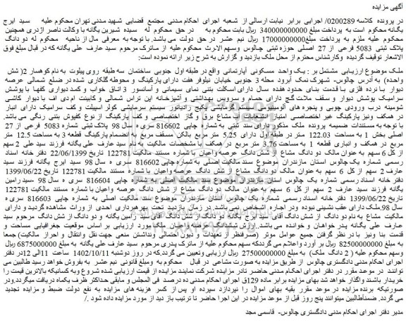مزایده فروش یک واحد مسکونی آپارتمانی