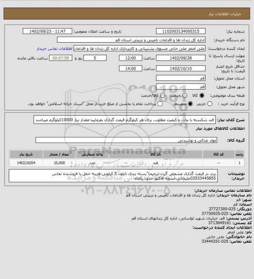 استعلام قند شکسته با پخت و کیفیت  مطلوب، برای هر کیلوگرم قیمت گذاری بفرمایید-مقدار نیاز 10000کیلوگرم میباشد