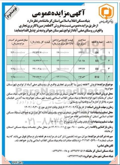  مزایده فروش 4 قطعه زمین با کاربری تجاری -  نوبت دوم