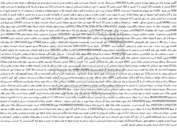 آگهی مزایده ششدانگ یک باب آپارتمان بمساحت یکصد و هجده متر و شصت و پنج صدم متر مربع