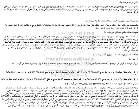 مزایده فروش شش دانگ عرصه و اعیان پلاک ثبتی شماره 94 فرعی از 462 اصلی