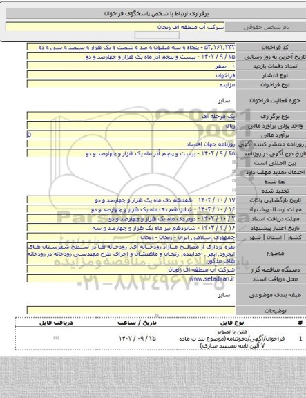 مزایده, بهره برداری از مصالح مازاد رودخانه ای٬ رودخانه ها در سطح شهرستان های ایجرود٬ابهر ٬ خدابنده٬ زنجان و ماهنشان و اجرای طرح مهندسی رودخانه در رودخانه های مذکور